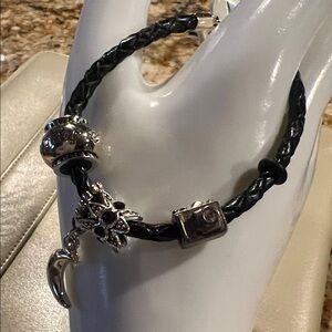 Braided Black Leather Charm Bracelet with Silver Accents